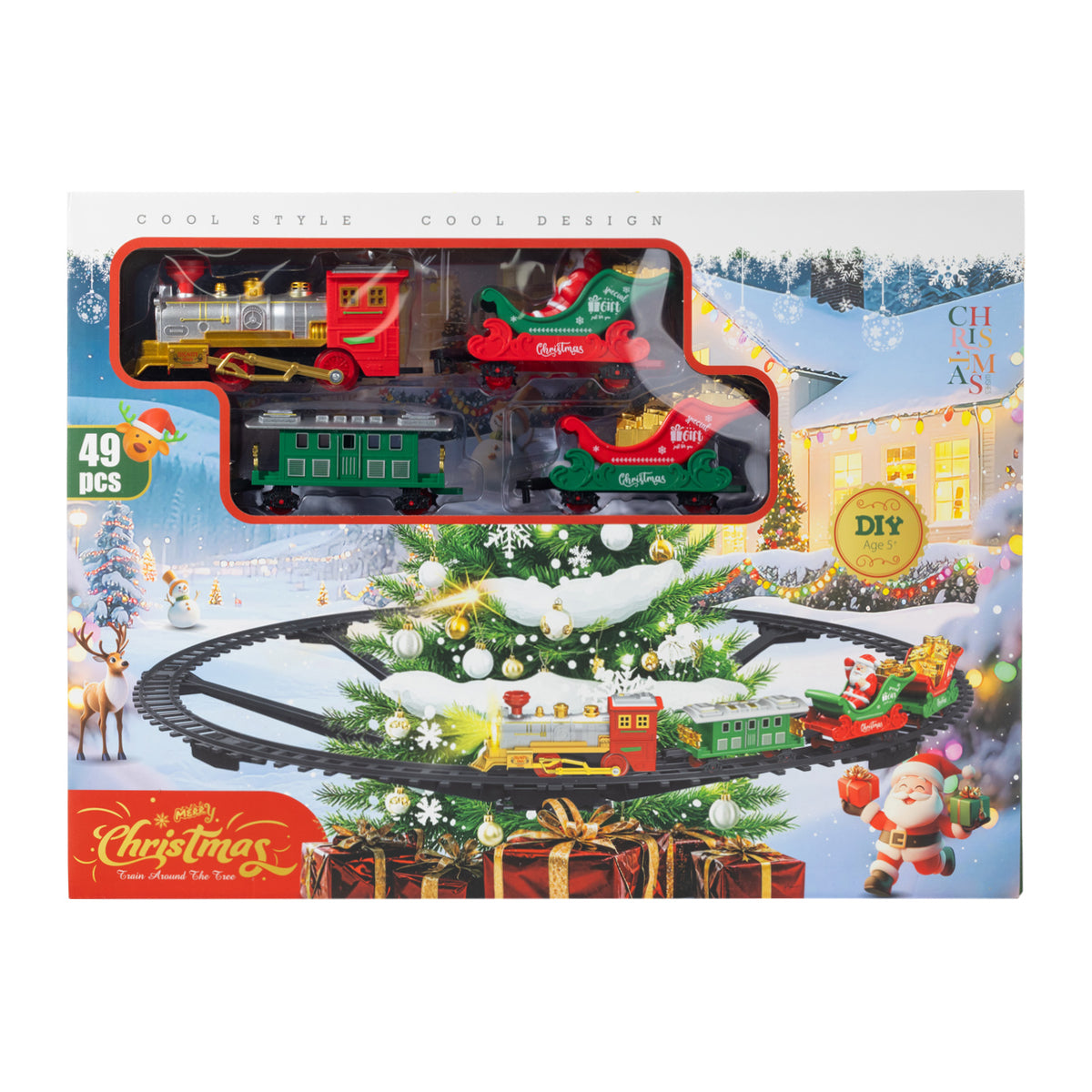 Christmas-themed train set in retail packaging, featuring a red and green festive train engine with snow-covered winter village scenery printed on the box front.