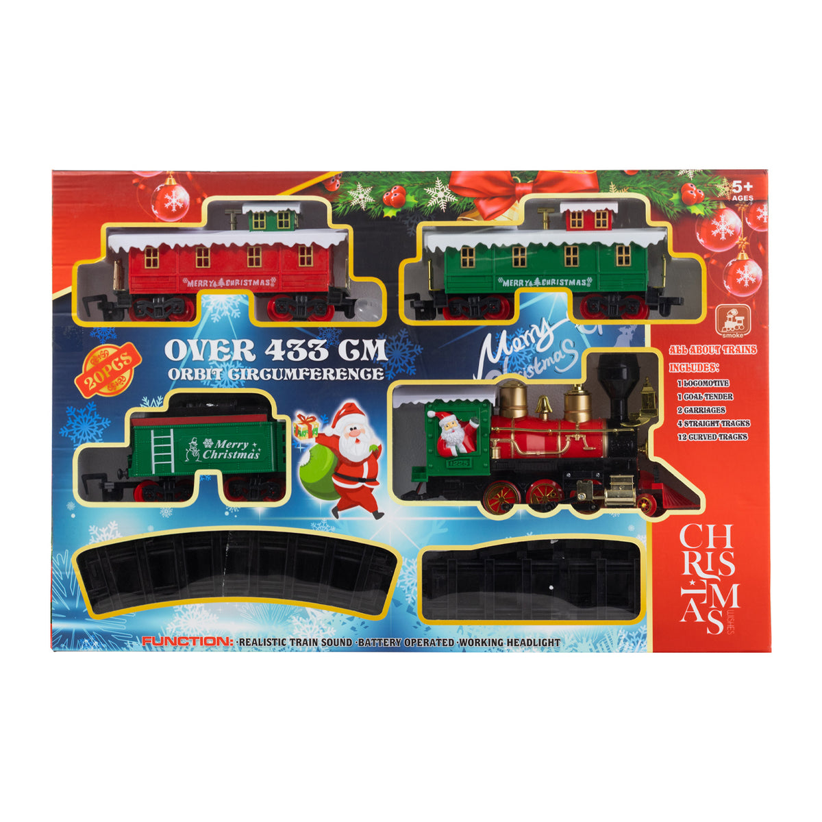 Christmas-themed train set in its retail packaging, featuring a red and green Santa-themed locomotive and holiday passenger cars on black tracks, with festive red and blue box design.