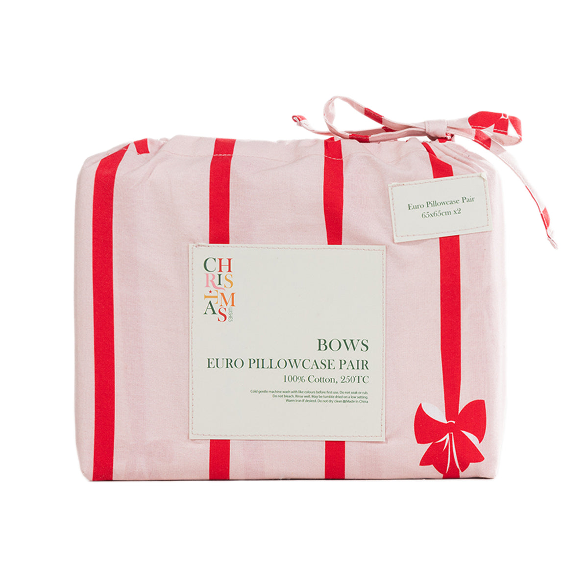 Christmas Wishes Bows Euro Pillowcase Pair featuring red stripes and festive bows on pale pink fabric, neatly folded in matching packaging with a ribbon tie.