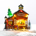 A whimsical illuminated Christmas tree farm featuring a snowy barn, colourful lights, festive wreaths and tiny shoppers choosing their perfect tree.