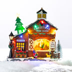 A whimsical illuminated Christmas tree farm featuring a snowy barn, colourful lights, festive wreaths and tiny shoppers choosing their perfect tree.