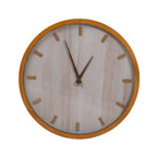 A round wall clock featuring a natural timber-look frame, a softly whitewashed wood-grain face, minimalist raised hour markers, and slim wooden hands offers a warm, contemporary aesthetic.