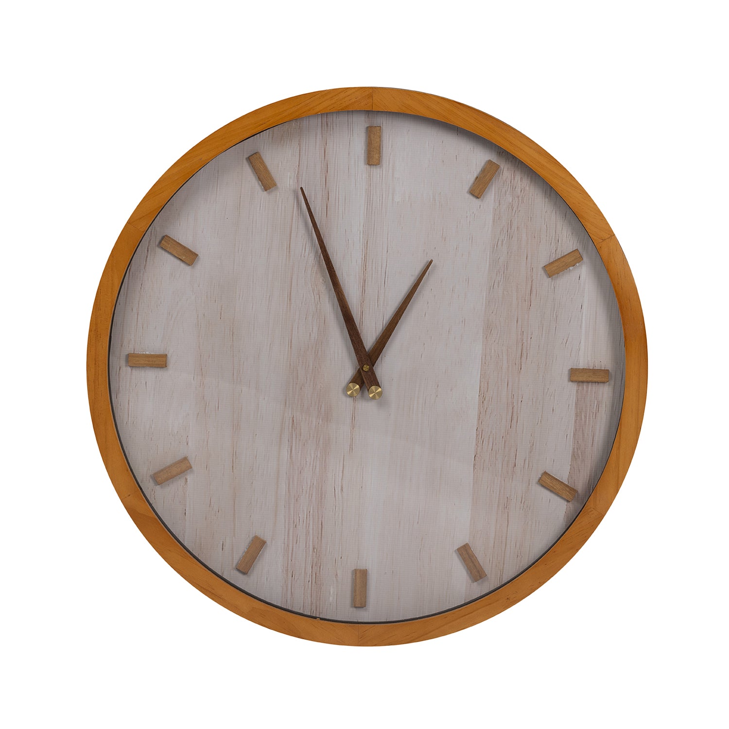 A round wall clock featuring a natural timber-look frame, a softly whitewashed wood-grain face, minimalist raised hour markers, and slim wooden hands offers a warm, contemporary aesthetic.