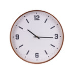 A minimalist round wall clock with a white face, black numerals and hands, and a warm brown wood-look frame, shown against a solid white background.
