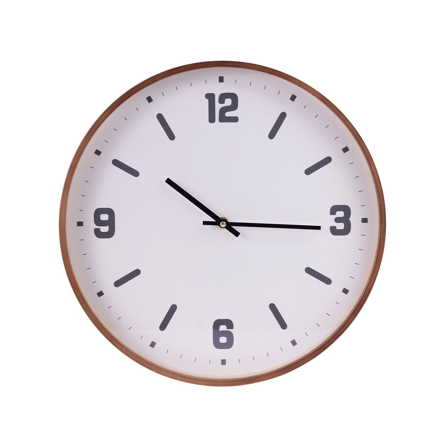 A minimalist round wall clock with a white face, black numerals and hands, and a warm brown wood-look frame, shown against a solid white background.