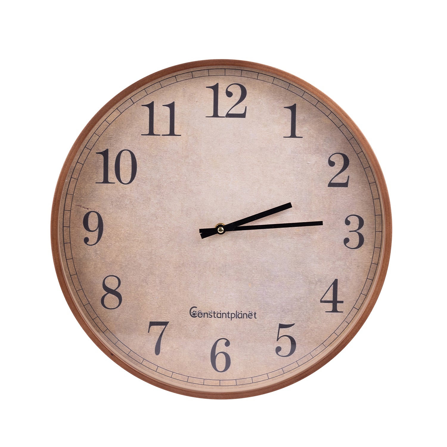 A round wall clock with a distressed beige dial face, black Arabic numerals, black hands, and a warm brown wooden frame. The brand name 'Constantplanet' is printed near the bottom center.