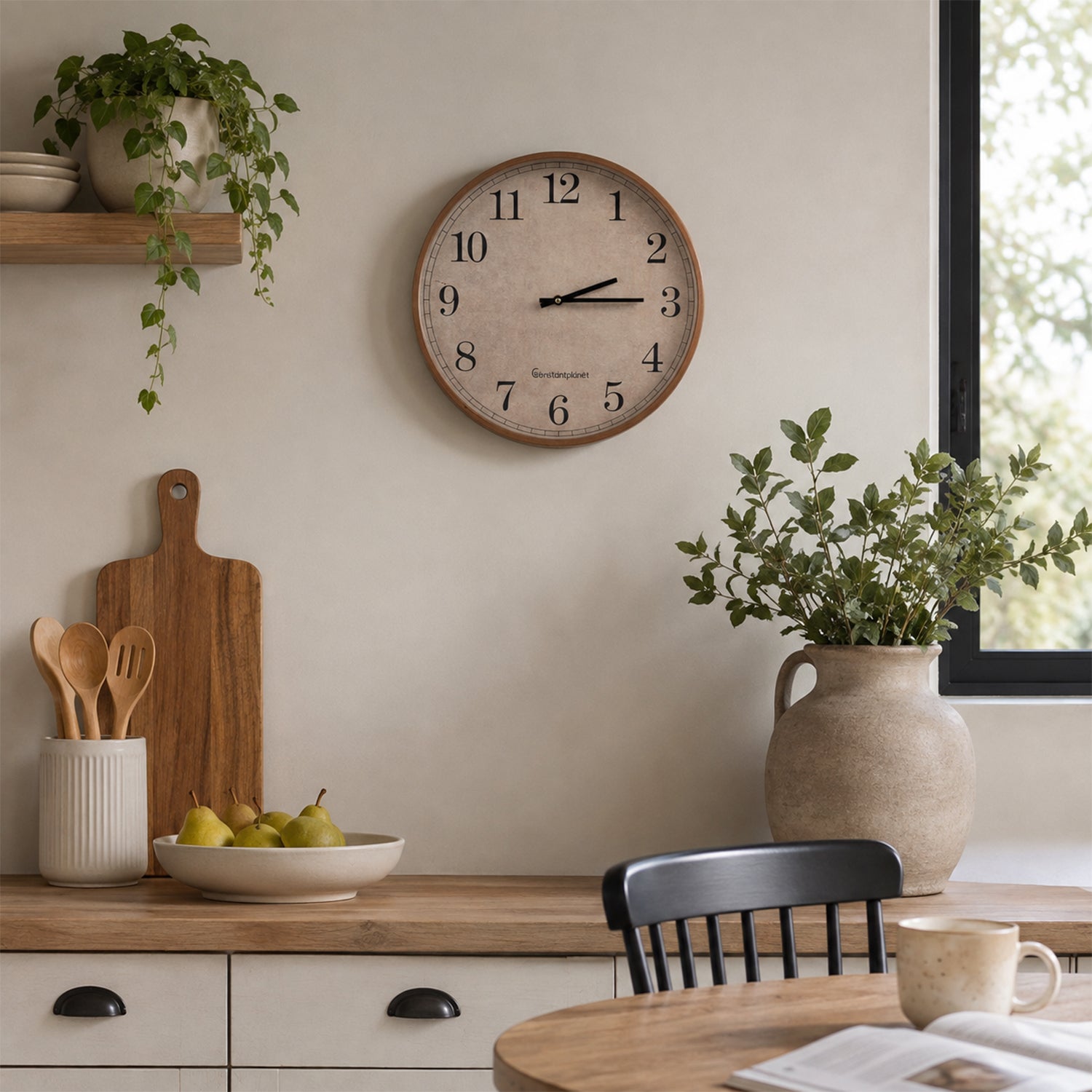 A round wall clock with a light beige face and dark wood frame hangs on a cream-colored wall in a styled kitchen setting. The scene includes a wooden countertop with a cutting board, pear bowl, utensils, and a ceramic vase with greenery, alongside a window and chair.