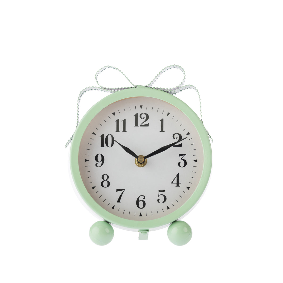 Mint green round table clock with a white face, black numerals and hands, decorative ribbon-style loops and two rounded feet, shown front-on against a white background.