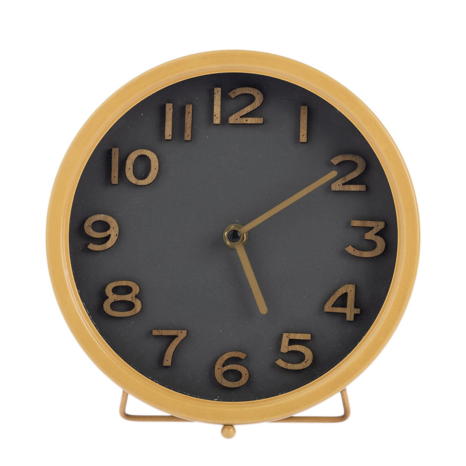 A round tabletop clock with a tan frame and stand, a dark charcoal gray face, and matching tan numerals and hands, shown on a plain white background.