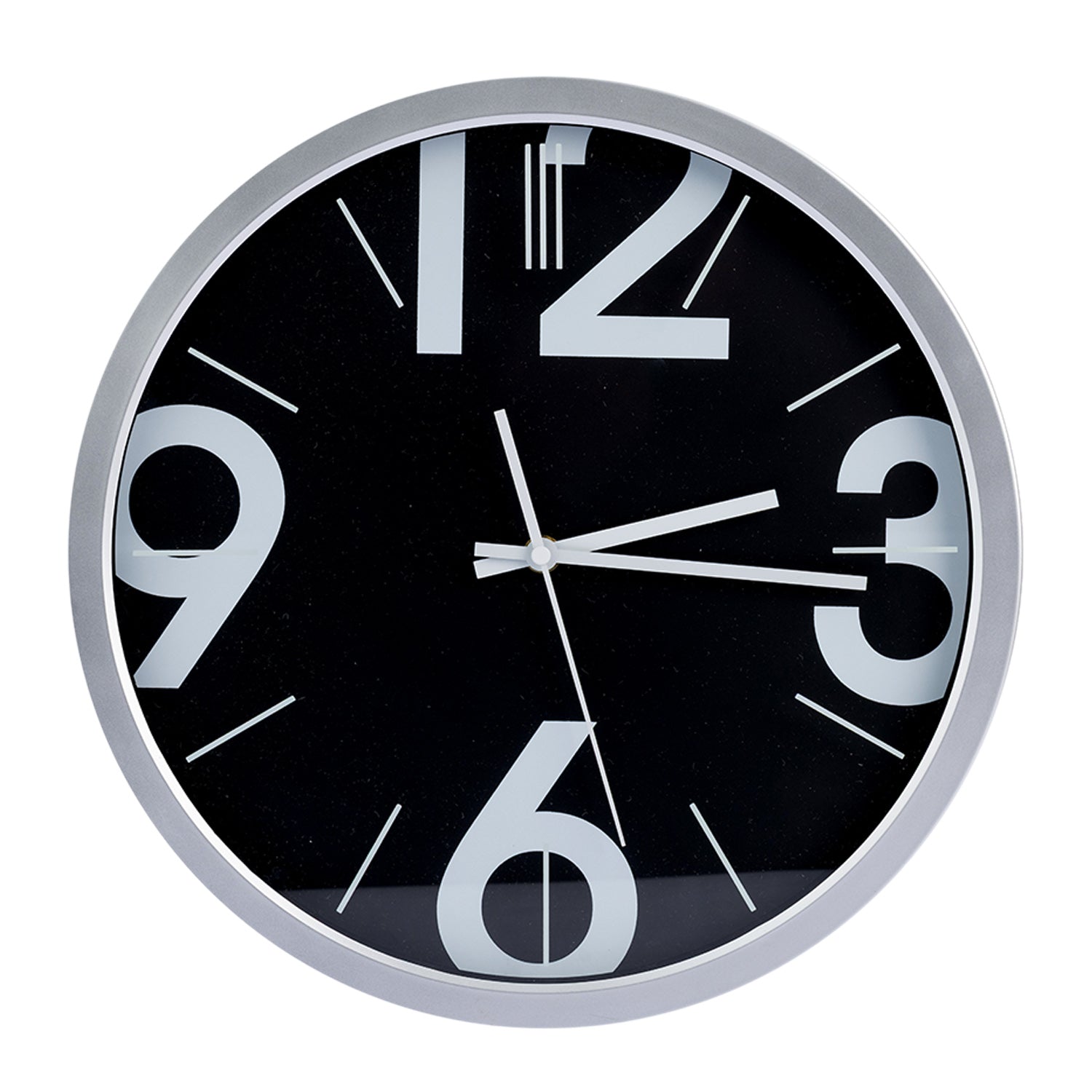 A round wall clock with a black face, large white Arabic numerals, and silver-tone hands and outer rim, shown against a plain white background.