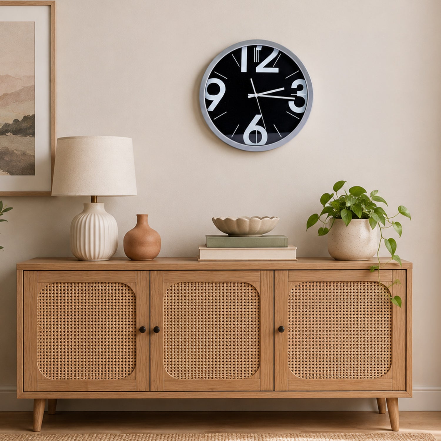 A round wall clock with a black face and white numerals hangs above a light wood sideboard in a styled room. The scene includes a table lamp, small vase, books, bowl, potted plant, and framed wall art.