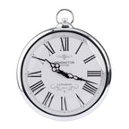 A round silver metal pocket clock with a white face, black Roman numerals, and black hands. The brand name 'Kensington Station' is printed on the dial, along with 'London' and 'Quartz' text.