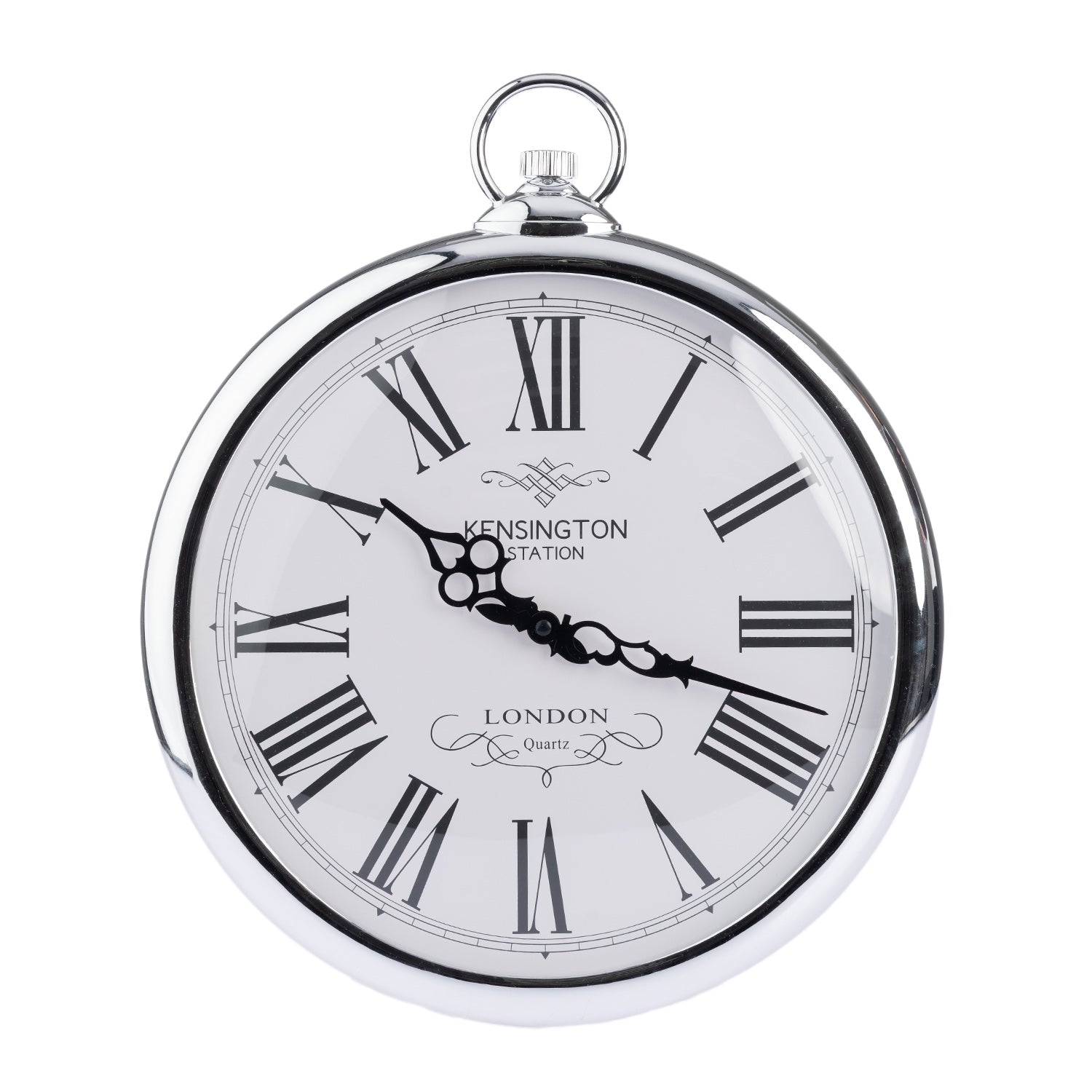 A round silver metal pocket clock with a white face, black Roman numerals, and black hands. The brand name 'Kensington Station' is printed on the dial, along with 'London' and 'Quartz' text.