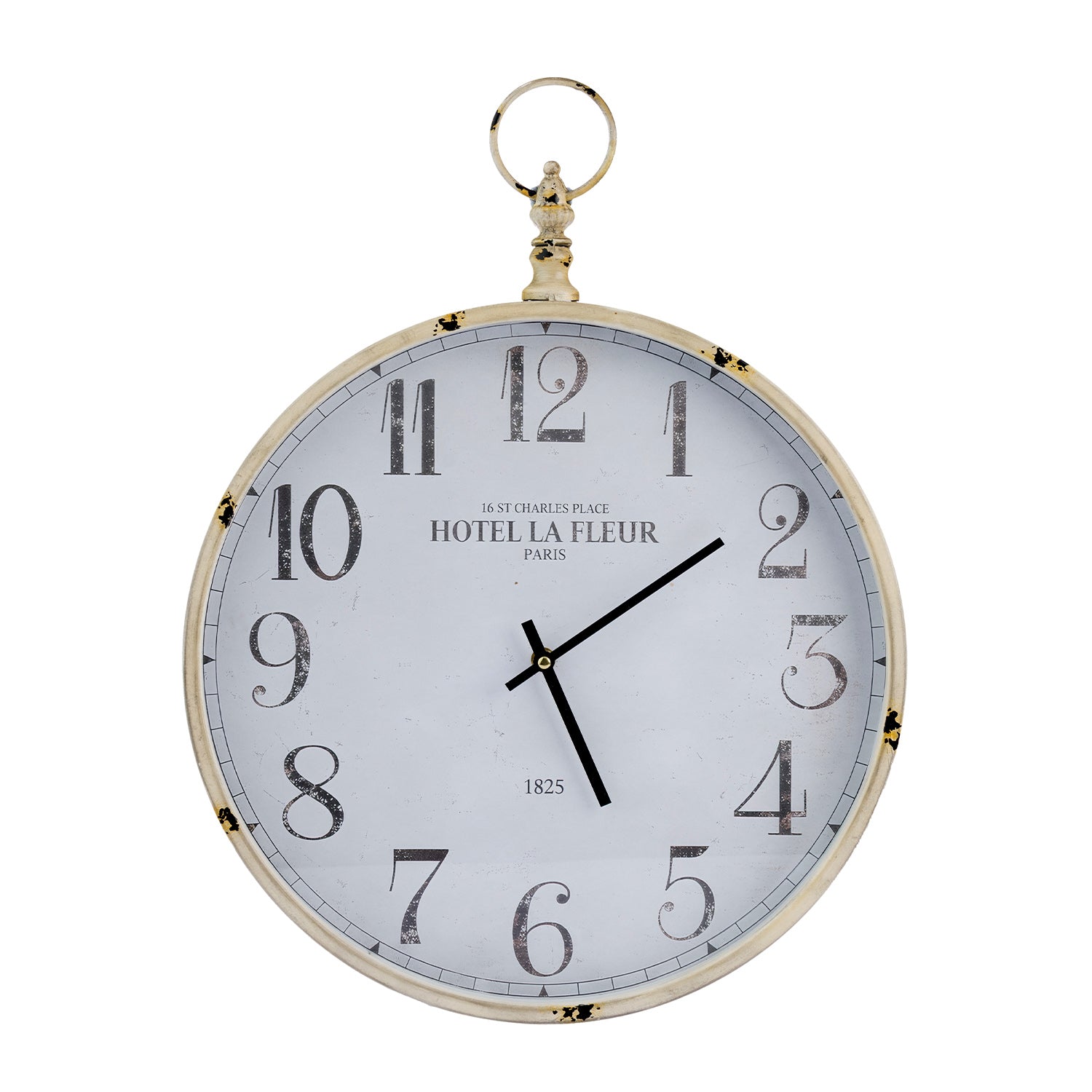 A vintage-style round wall clock with a distressed white face, black Arabic numerals, black hands, and a gold-toned metal frame and hanging ring, shown on a plain white background.