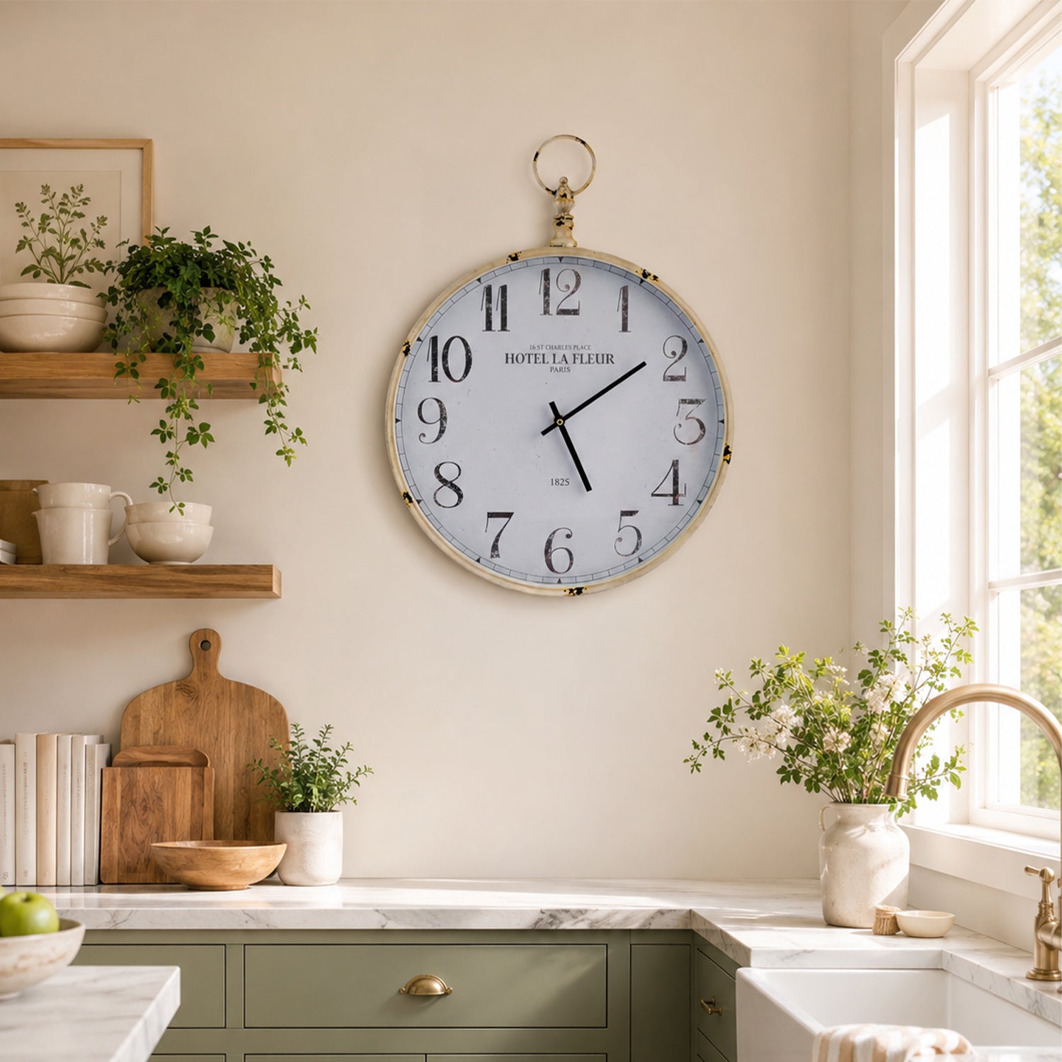 A round wall clock with a light blue face, black Arabic numerals, and black hands hangs on a cream kitchen wall above a marble countertop with green cabinets, plants, and a window.