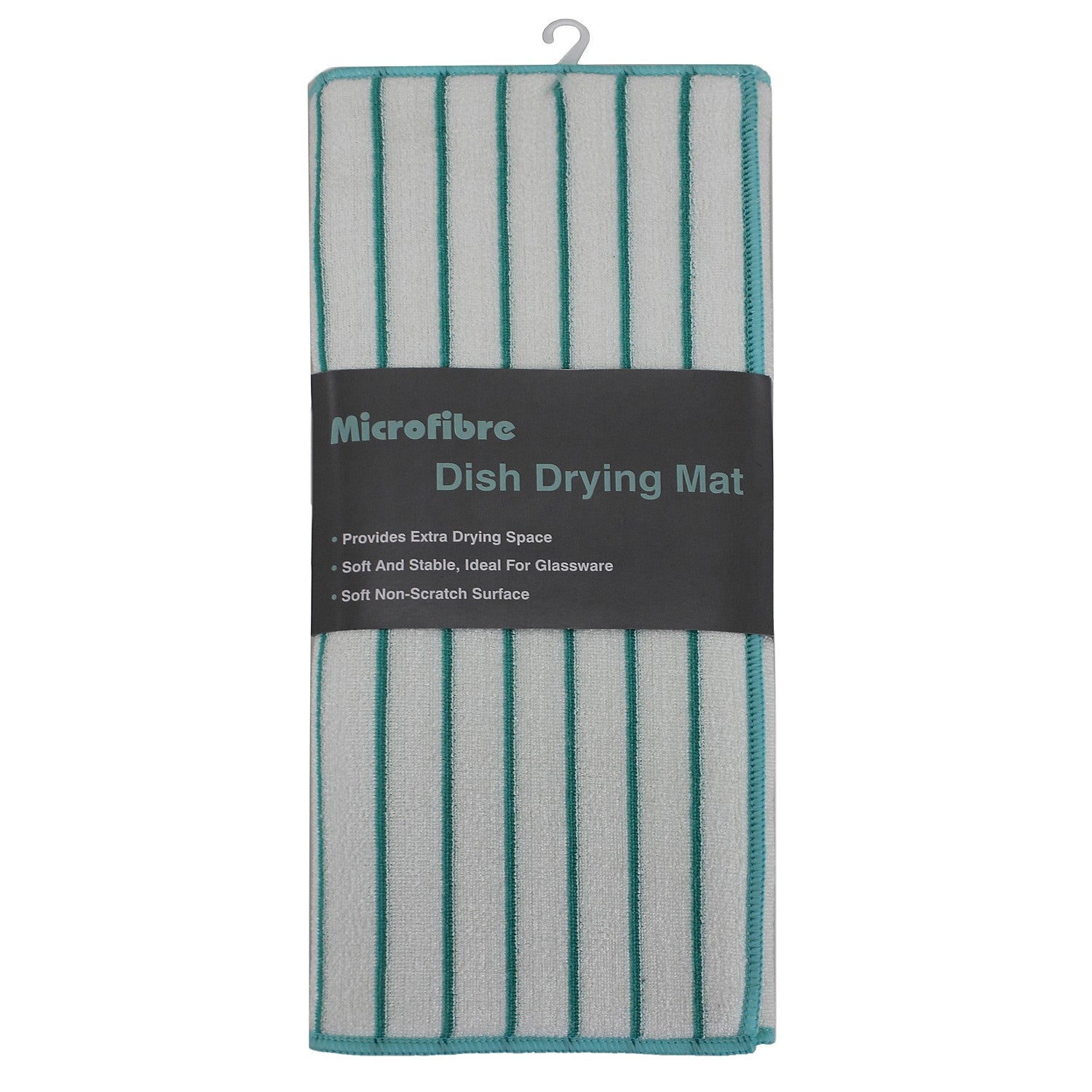 Microfibre dish drying mat with green stripes on a white background