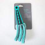 A packaged microfiber slatted blind cleaner with turquoise plastic handles and three soft teal microfiber cloths with gray trim, attached to a dark gray retail card on a white background.
