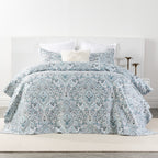 A blue and white paisley coverlet set brings timeless elegance to the bedroom, creating a fresh and inviting look with its intricate pattern and soft, calming tones.