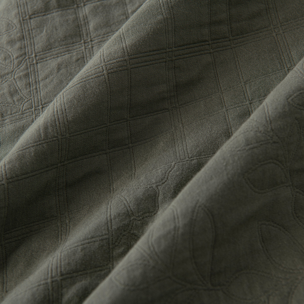 Close-up of the olive green quilted fabric showing the stitched grid and floral detailing.