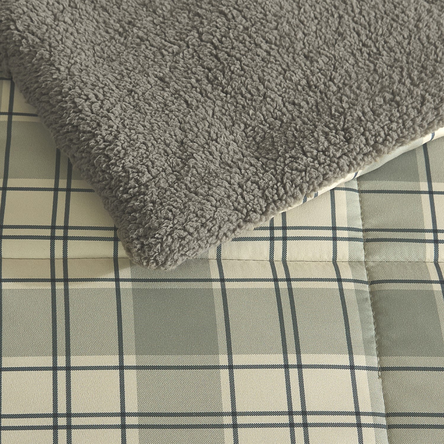 Green and cream check duvet cover set up close