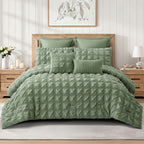 Chive green seersucker comforter set displayed on a bed with matching pillowcases and decorative cushions, featuring a textured grid design.