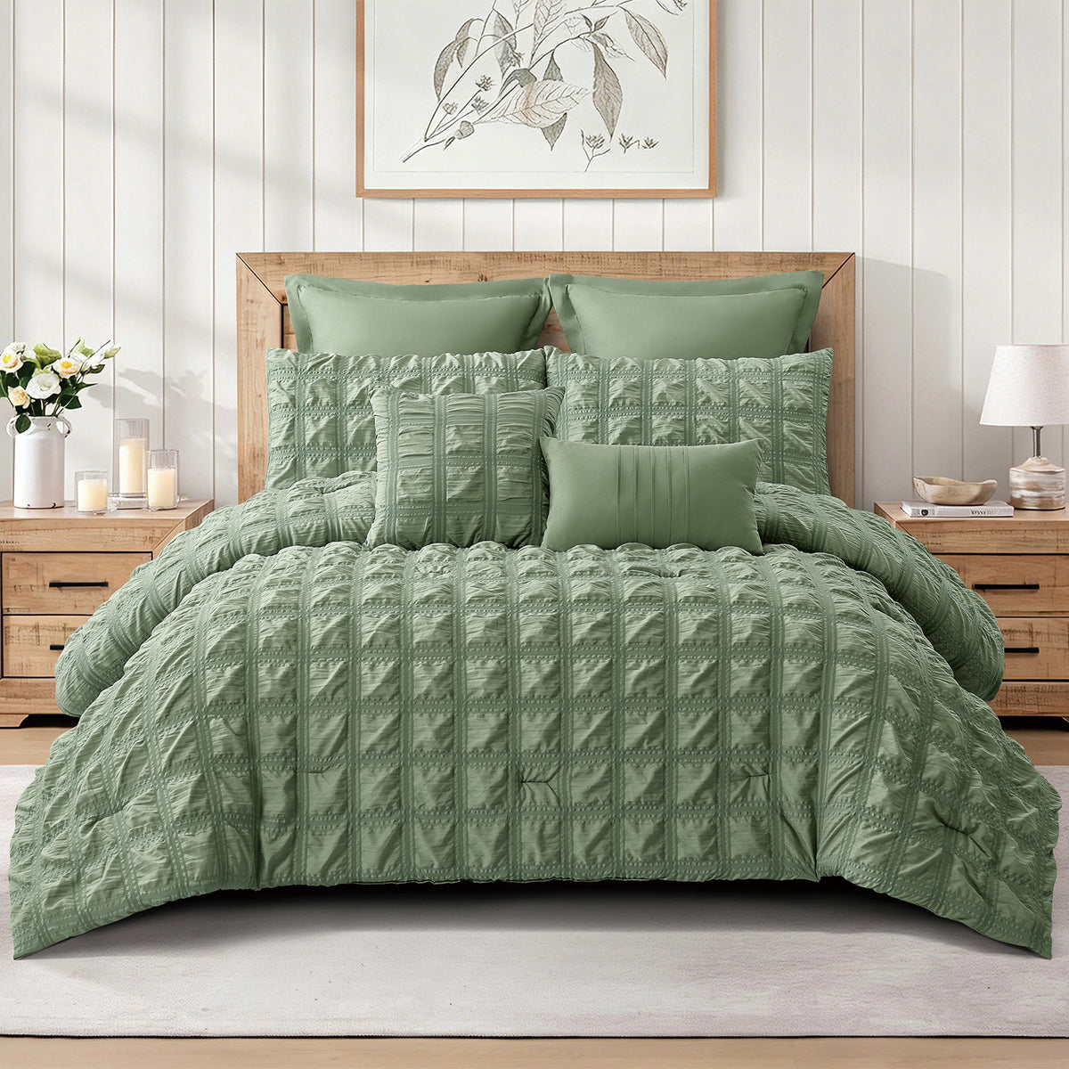Chive green seersucker comforter set displayed on a bed with matching pillowcases and decorative cushions, featuring a textured grid design.