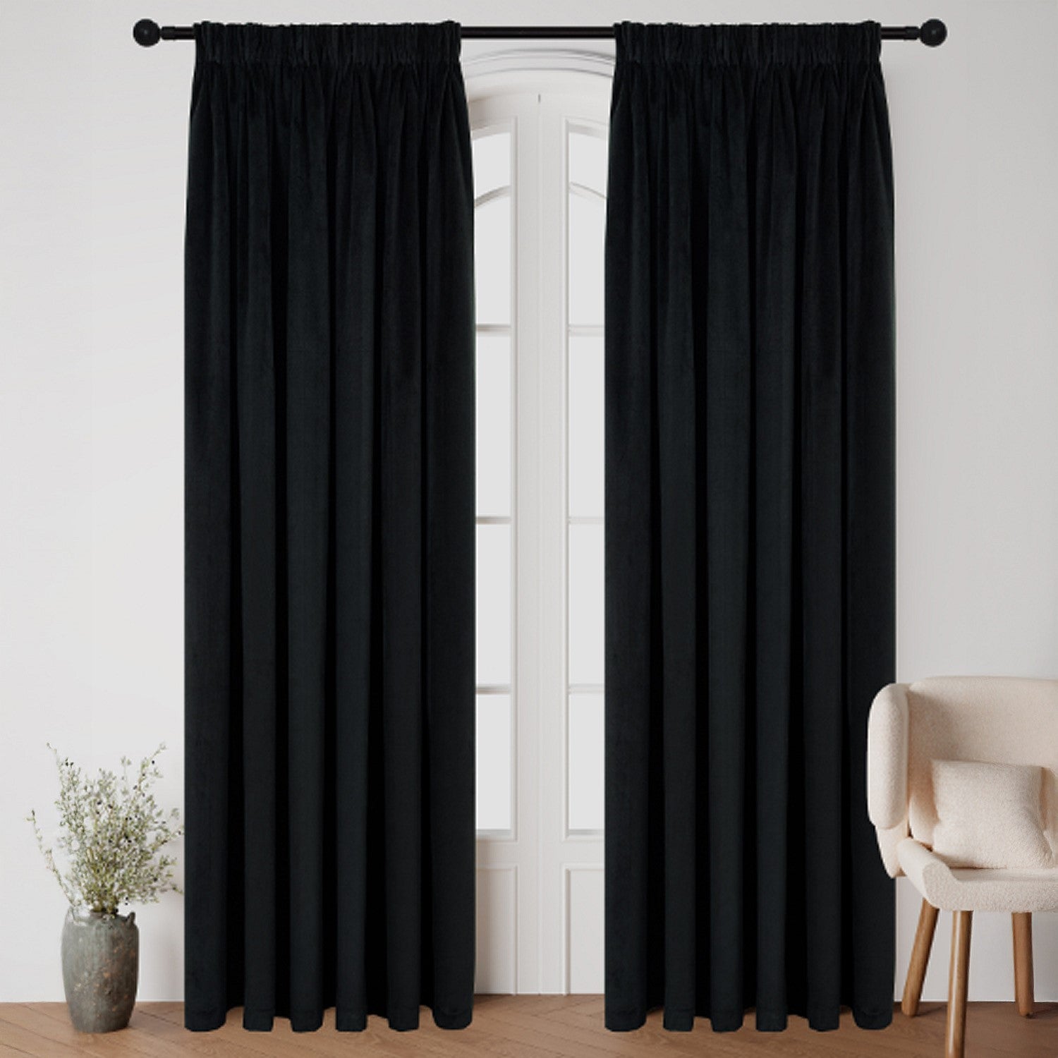 Style Co. Beau Velvet Block Out Pencil Pleat Curtain Pair Coal