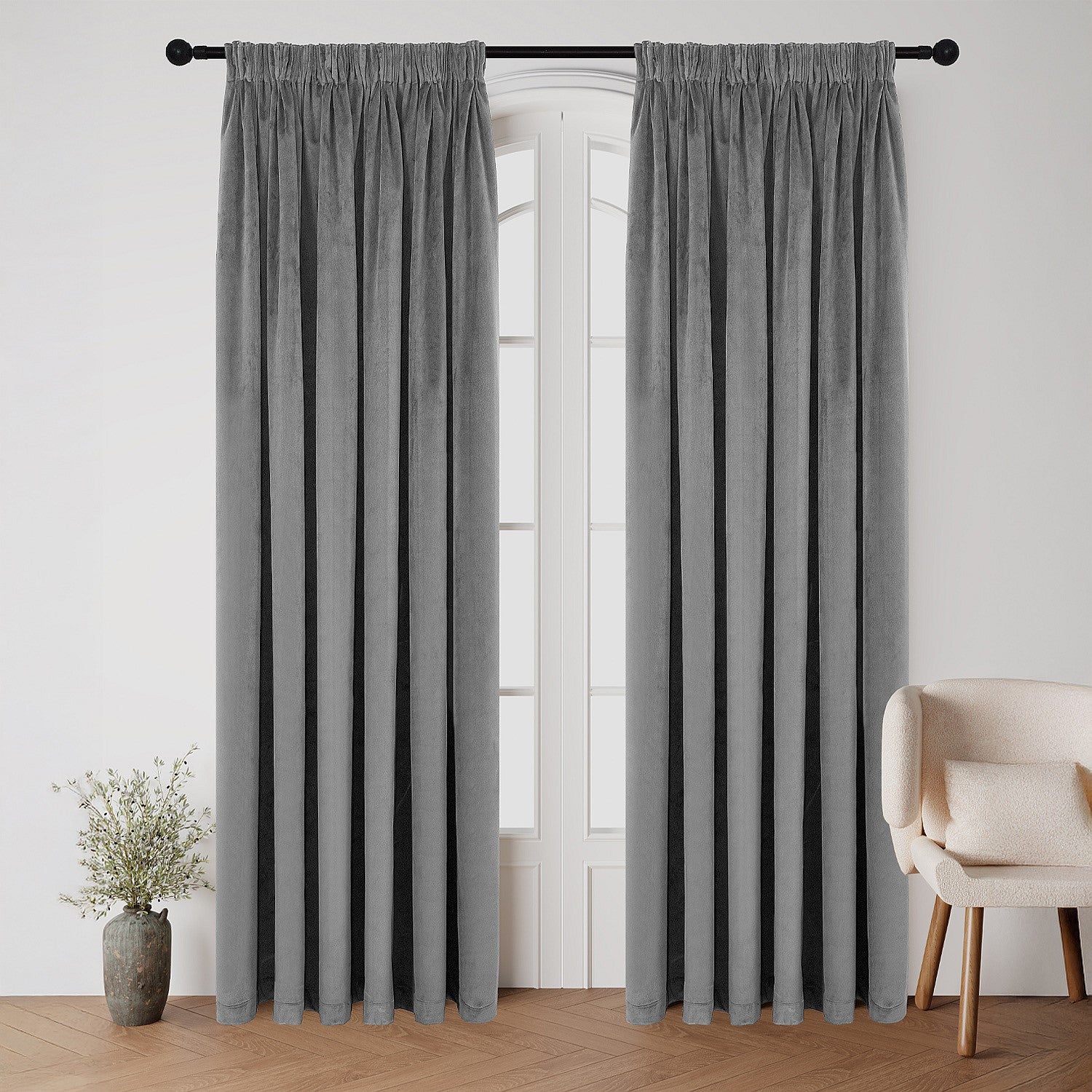Style Co. Beau Velvet Block Out Pencil Pleat Curtain Pair Grey