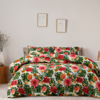 Floral bedding set on a bed with a neutral background