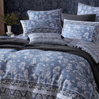 Decorative bedspread with floral patterns on a bed in a room setting.