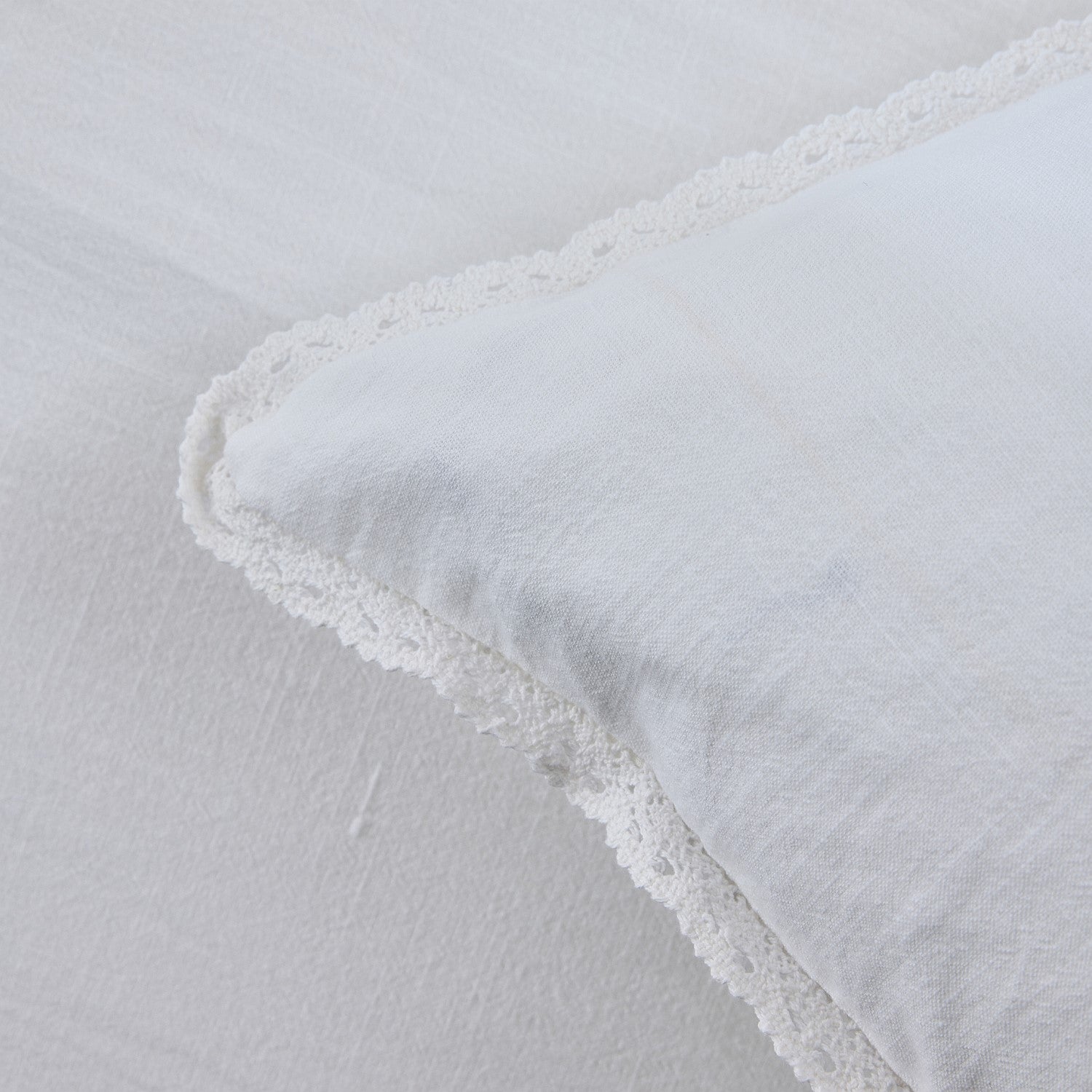 Close-up of a white textured fabric with lace trim on a light gray background