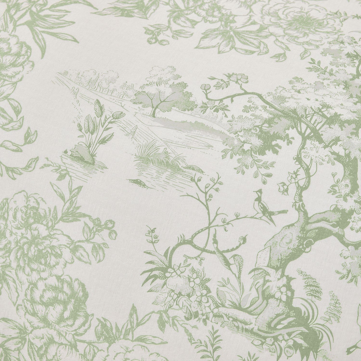 Green floral and bird pattern on a light gray background