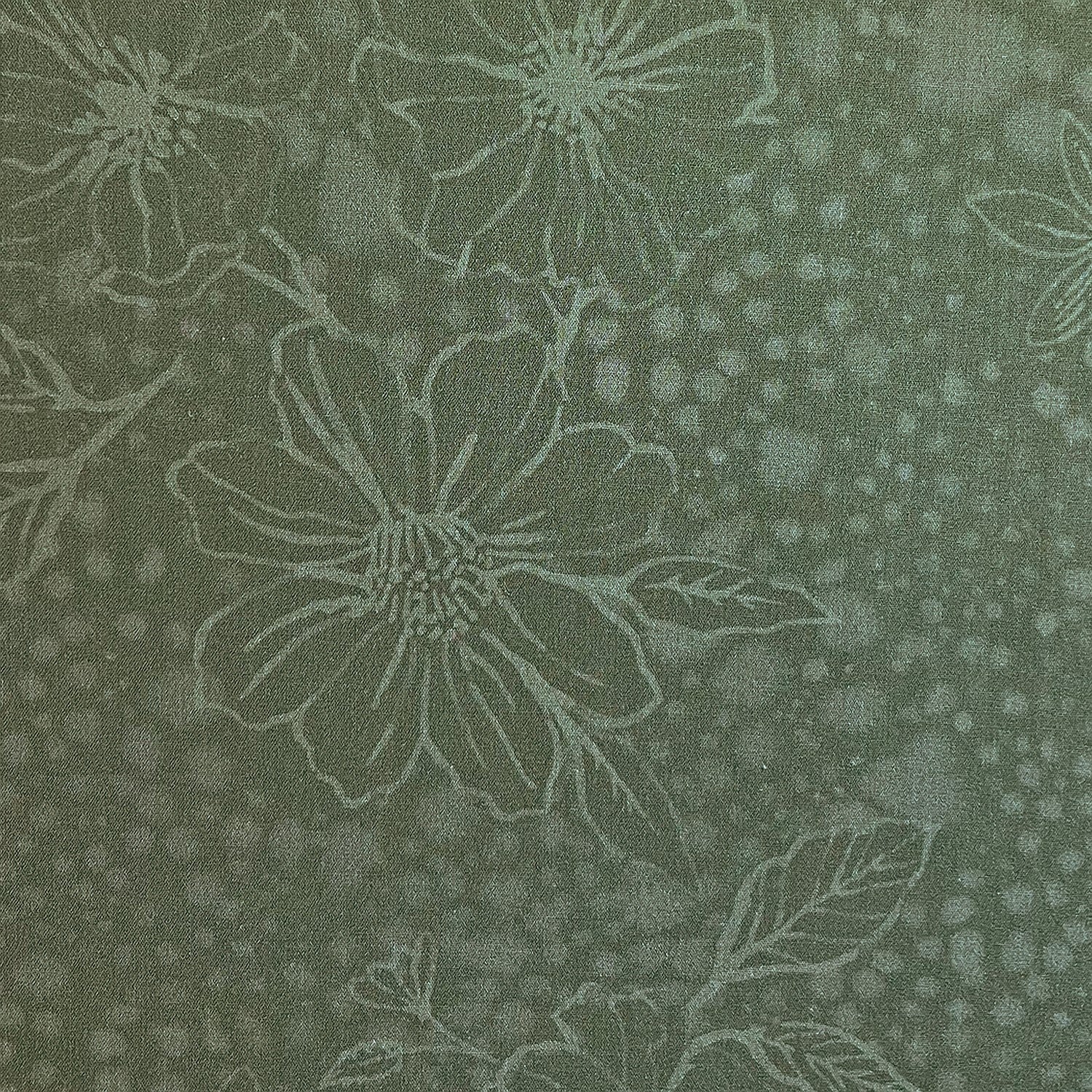 Floral pattern with green flowers and leaves on a textured green background
