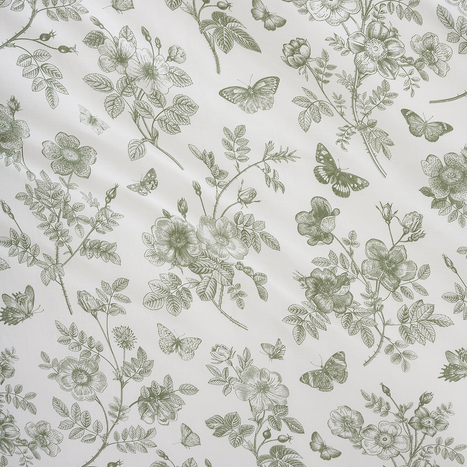 Pattern of green flowers and butterflies on a light gray background