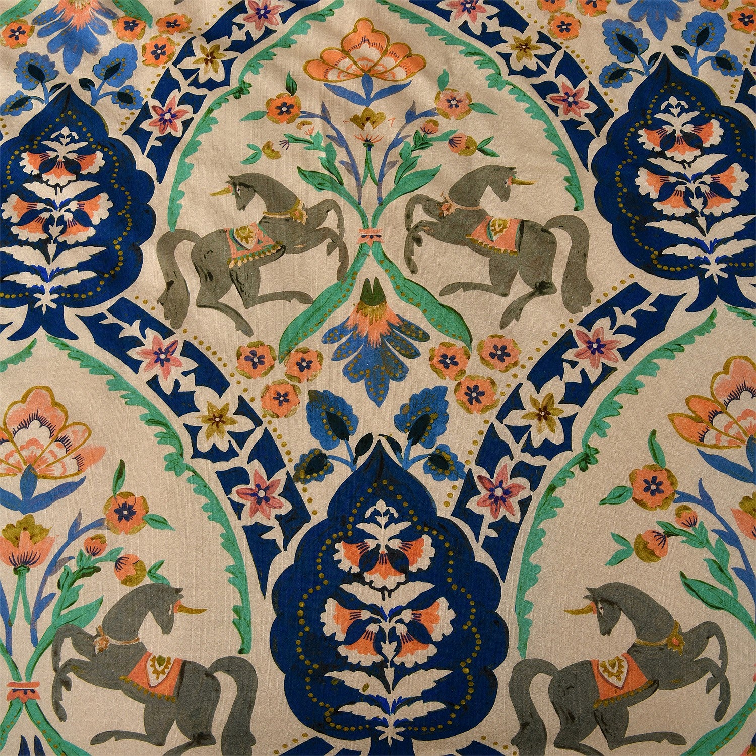 Decorative pattern with horses and floral elements on a beige background