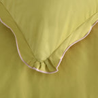 Close-up of a green pillow with white trim on a matching green background