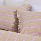 Striped bedding with pink and beige colors on a white background