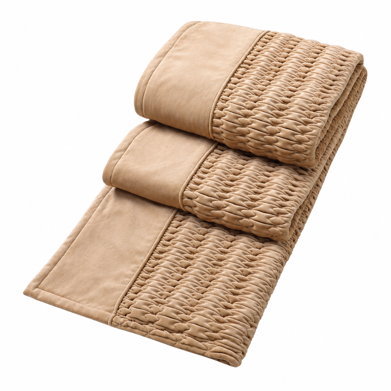 Folded beige quilt on a white background