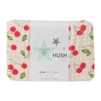 Kids cherries print duvet cover set folded in packaging with Hush label.