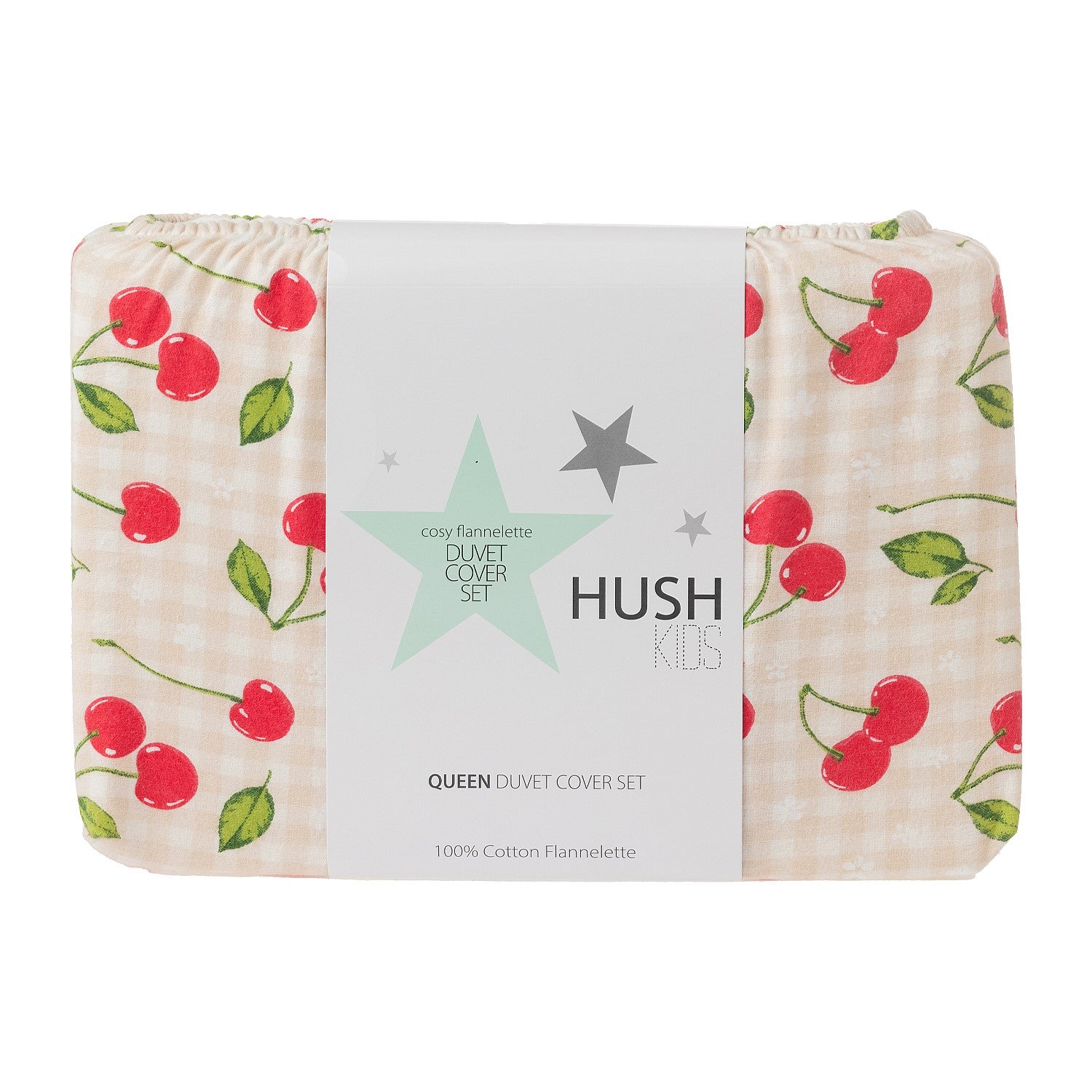 Kids cherries print duvet cover set folded in packaging with Hush label.