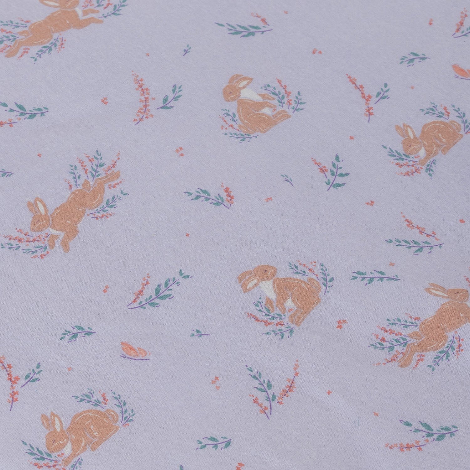 Purple kids bunny print fabric with small illustrated butterflies and leafy details.