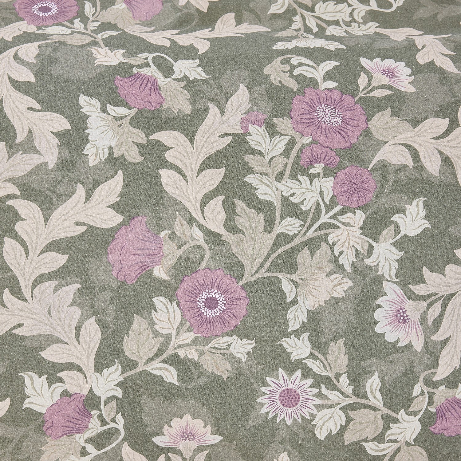 Floral pattern with purple and white flowers on a green background