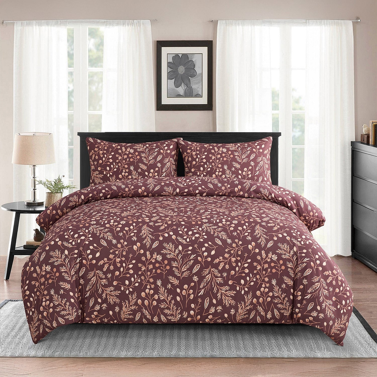Bedding set with floral pattern in a bedroom setting