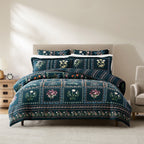 Floral patterned comforter set on a bed in a bedroom setting