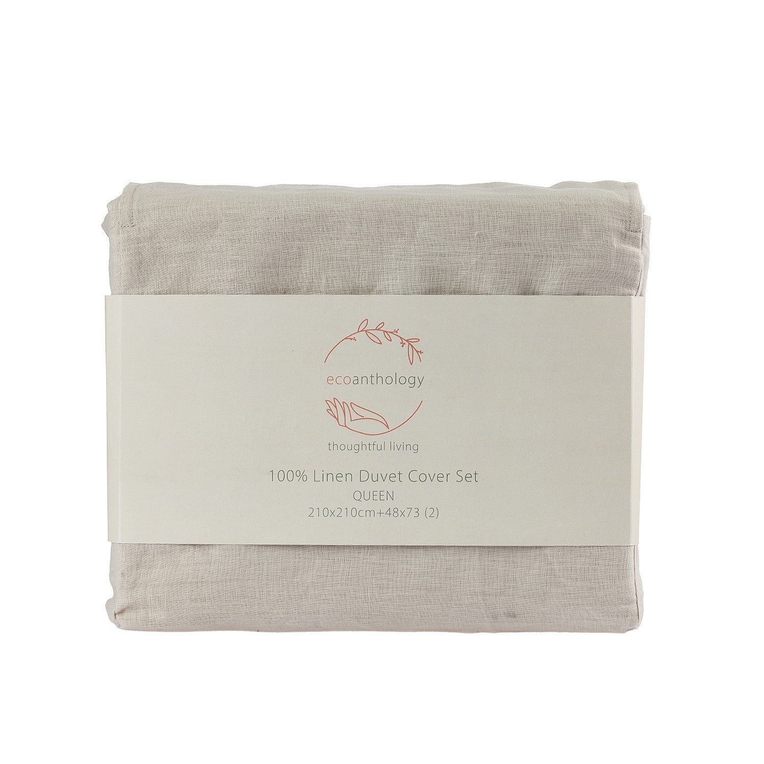 Folded linen duvet cover set with 'ecanthology' label on a white background