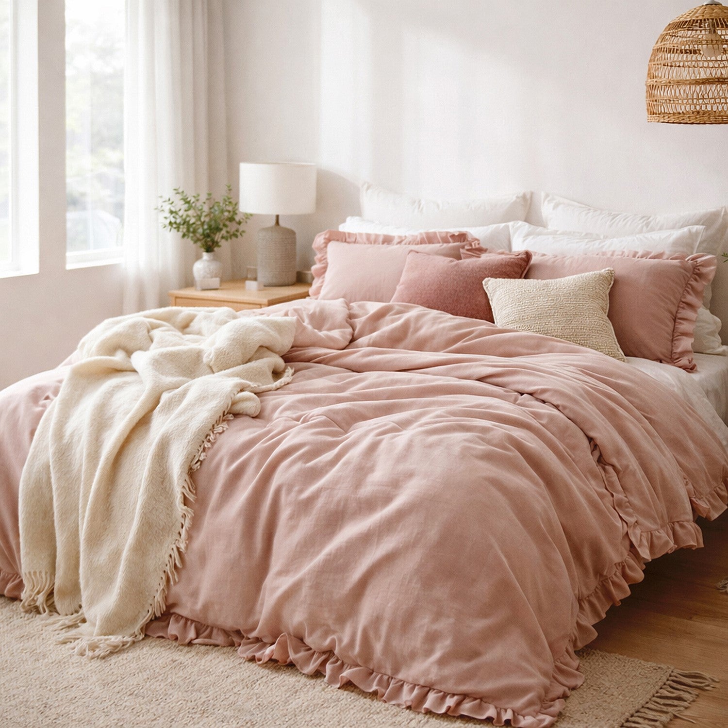 Bedroom with pink bedding and pillows, natural light from window, and decorative elements.