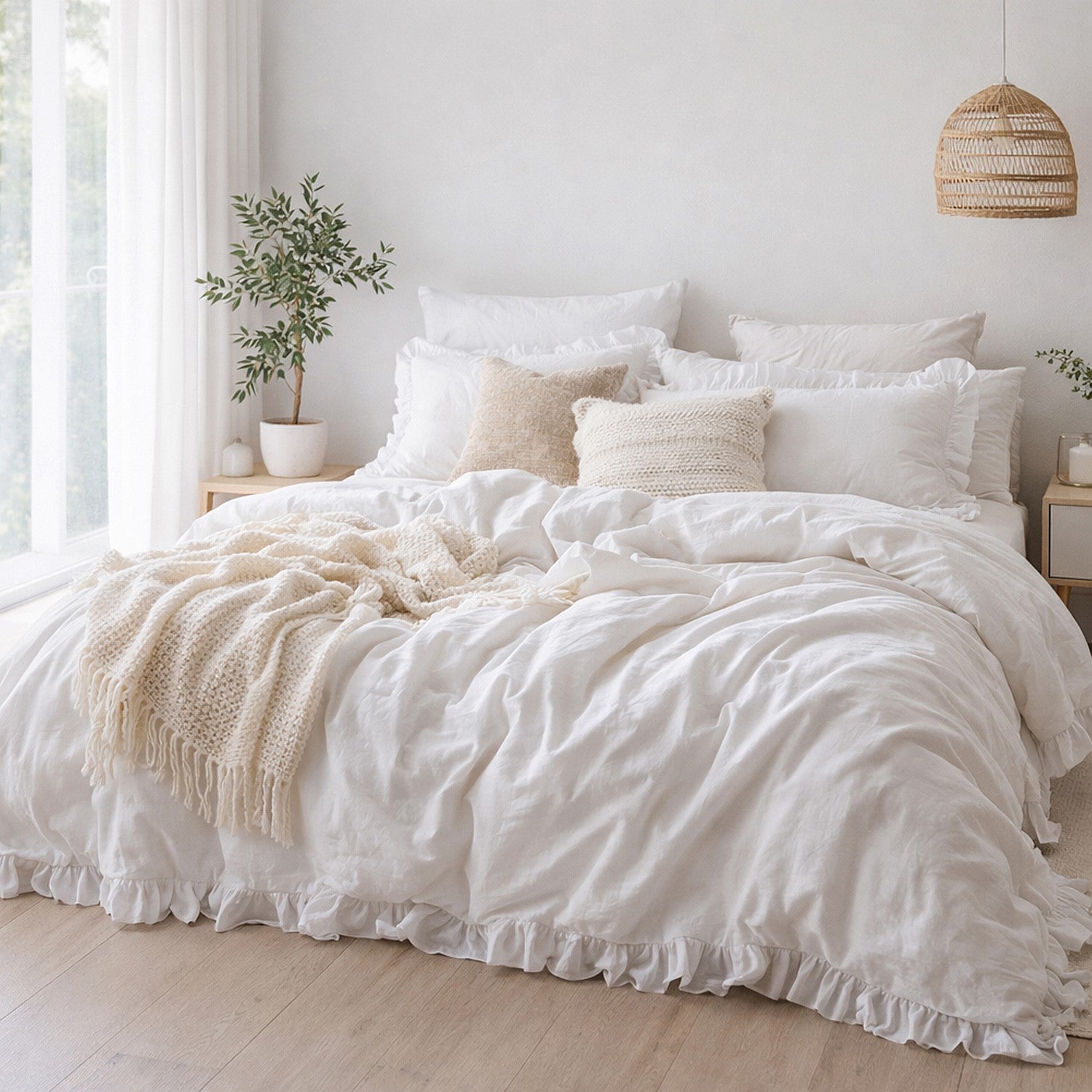 Neatly made bed with white bedding and beige throw blanket in a bright bedroom.