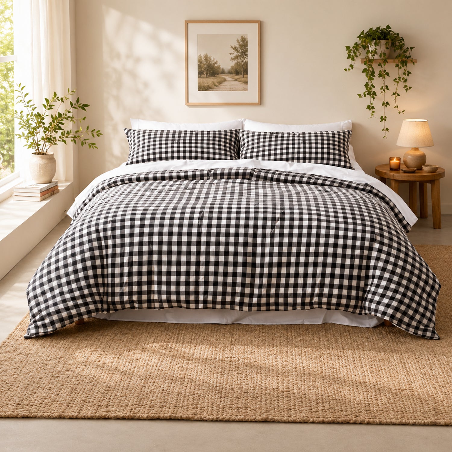 Black gingham duvet cover set styled on a bed in a warm neutral bedroom.