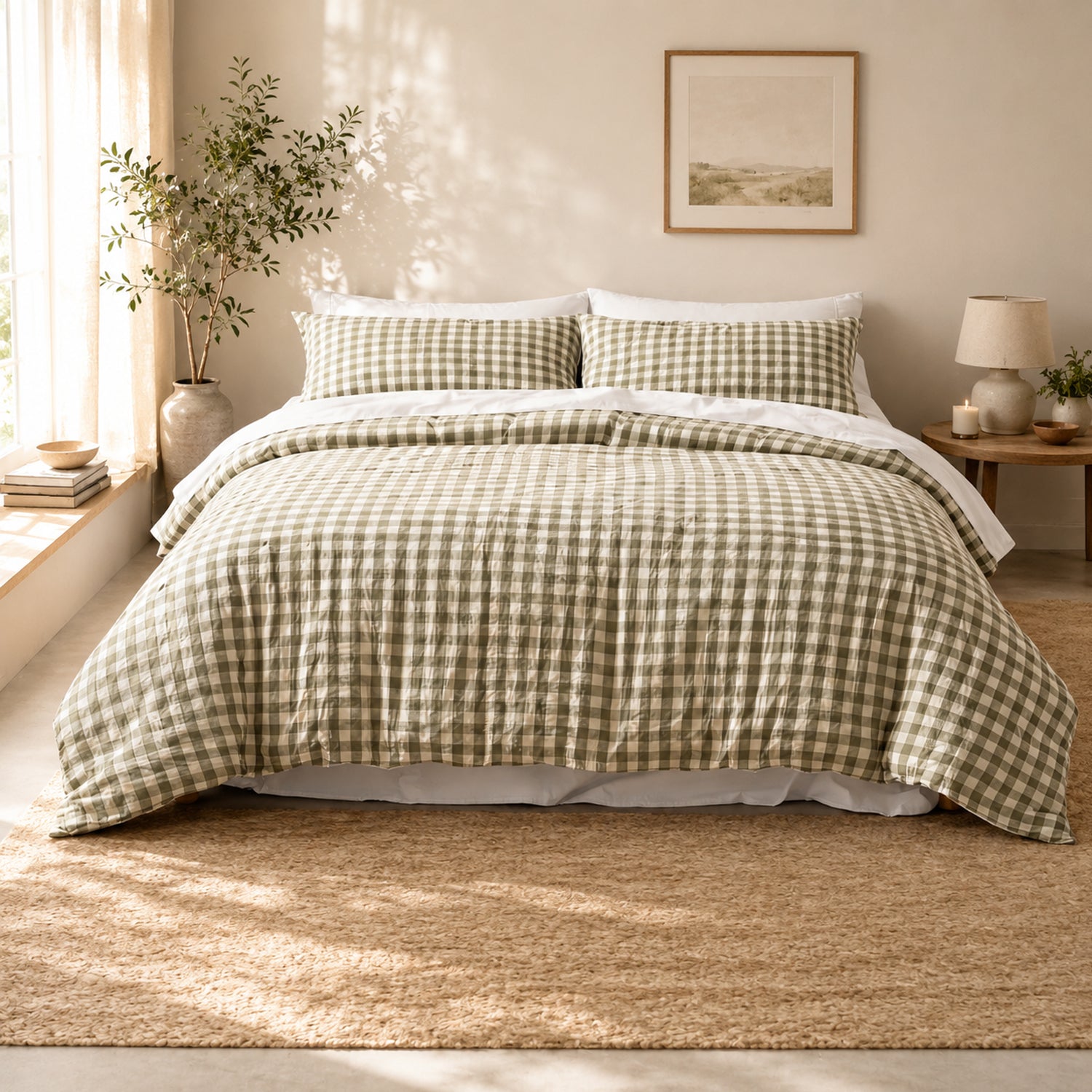 Green gingham duvet cover set styled on a bed in a warm neutral bedroom.