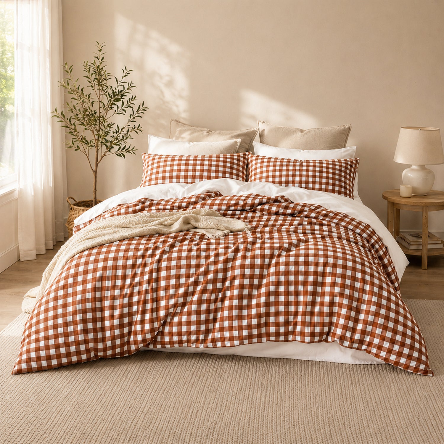 Pecan gingham duvet cover set styled on a bed in a warm neutral bedroom.